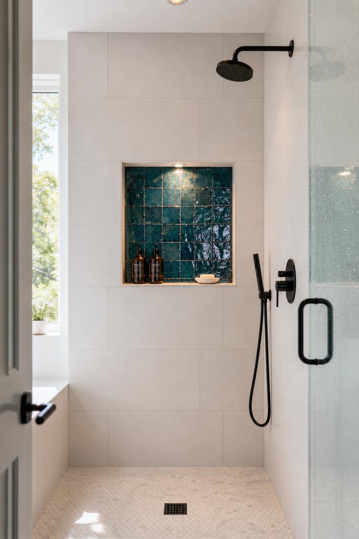 Deep teal zellige tiles lining a recessed shower niche with amber glass bottles against white porcelain walls