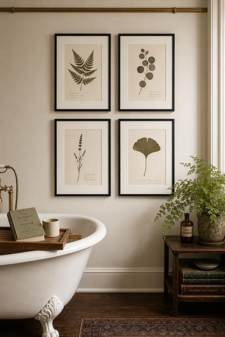 Four pressed botanical prints in slim black frames arranged in a grid on an off-white bathroom wall beside a clawfoot tub