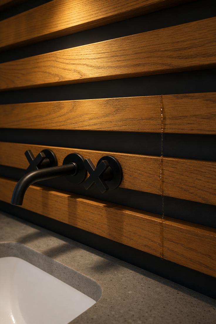 Honey-gold teak slat wall with matte black wall-mounted faucet and floating concrete countertop