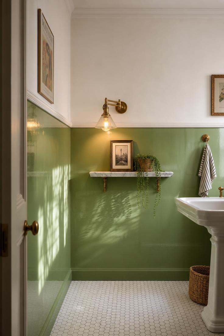 Pistachio green high-gloss lacquered half-wall with brass swing-arm sconce and white chair rail in a bathroom