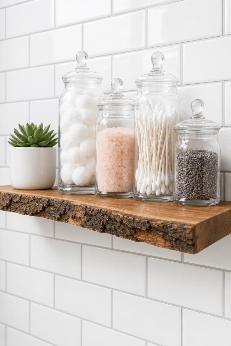 Floating raw-edge walnut shelf on white subway tile wall with glass apothecary jars and small succulent