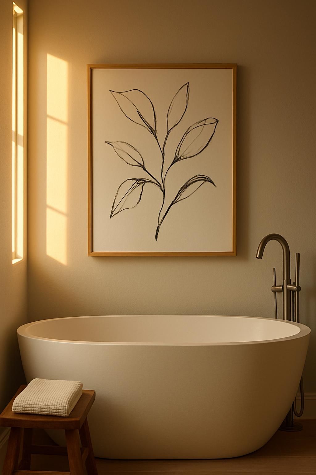 Oversized black-and-white line art drawing in oak frame hung above a freestanding white tub with golden hour light