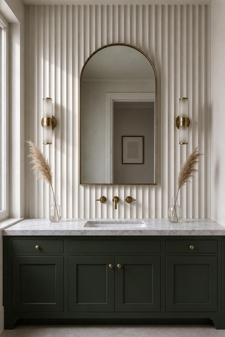 Fluted plaster panel wall with arched brass-framed mirror above a dark green vanity with marble top