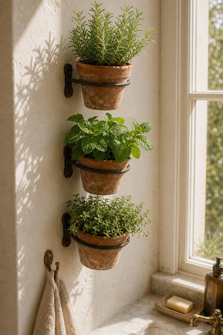 Three wall-mounted terracotta pots with rosemary mint and thyme herbs on a white plaster bathroom wall in bright sunlight
