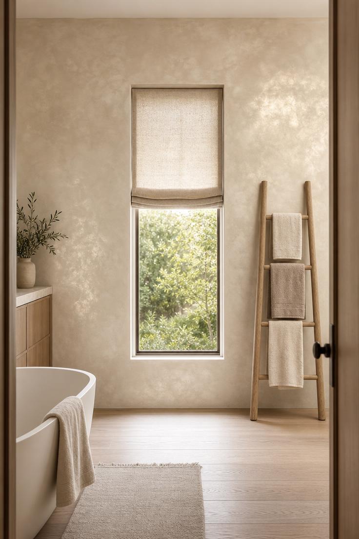 Ivory Venetian plaster wall with linen Roman shade on a narrow window and ash wood towel ladder