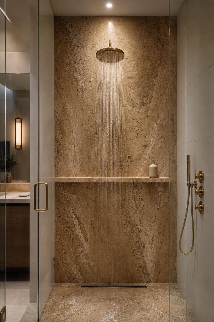Oversized travertine slab feature wall in walk-in shower with brushed gold rain head and streaming water