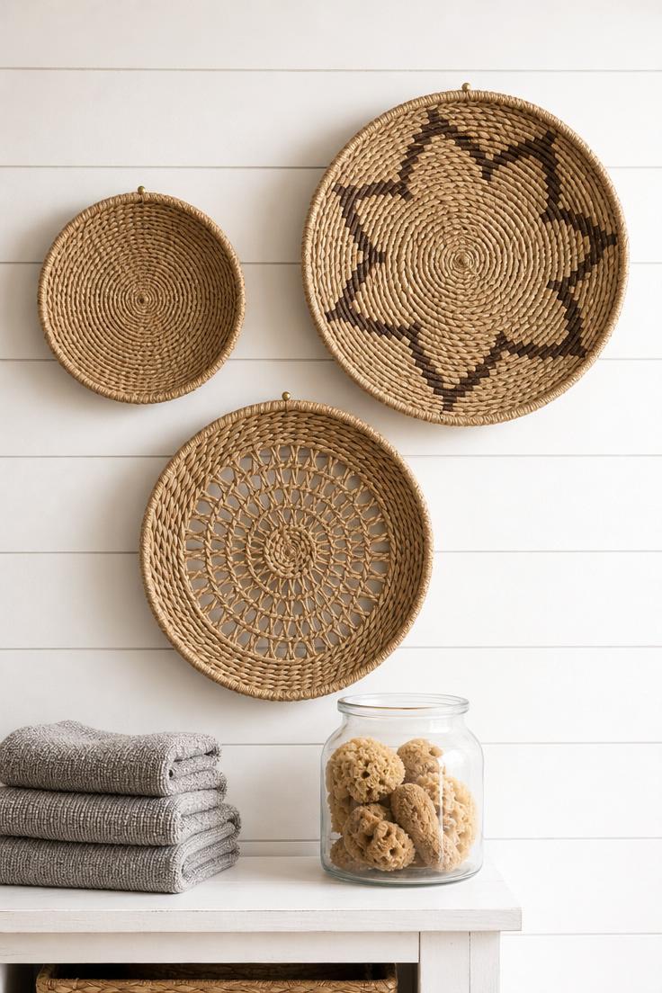 Three woven seagrass baskets in varying sizes hung on white plank wall with folded grey towels below