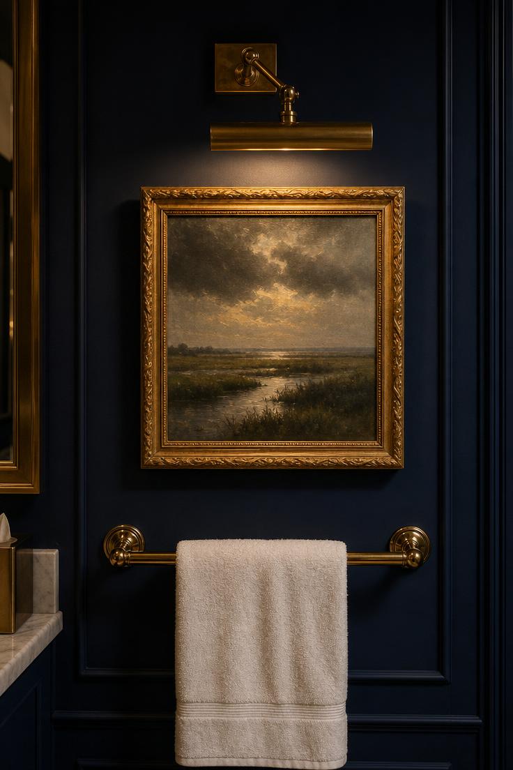 Small gilt-framed oil painting of a stormy marshland landscape above a brass towel bar on a deep navy bathroom wall