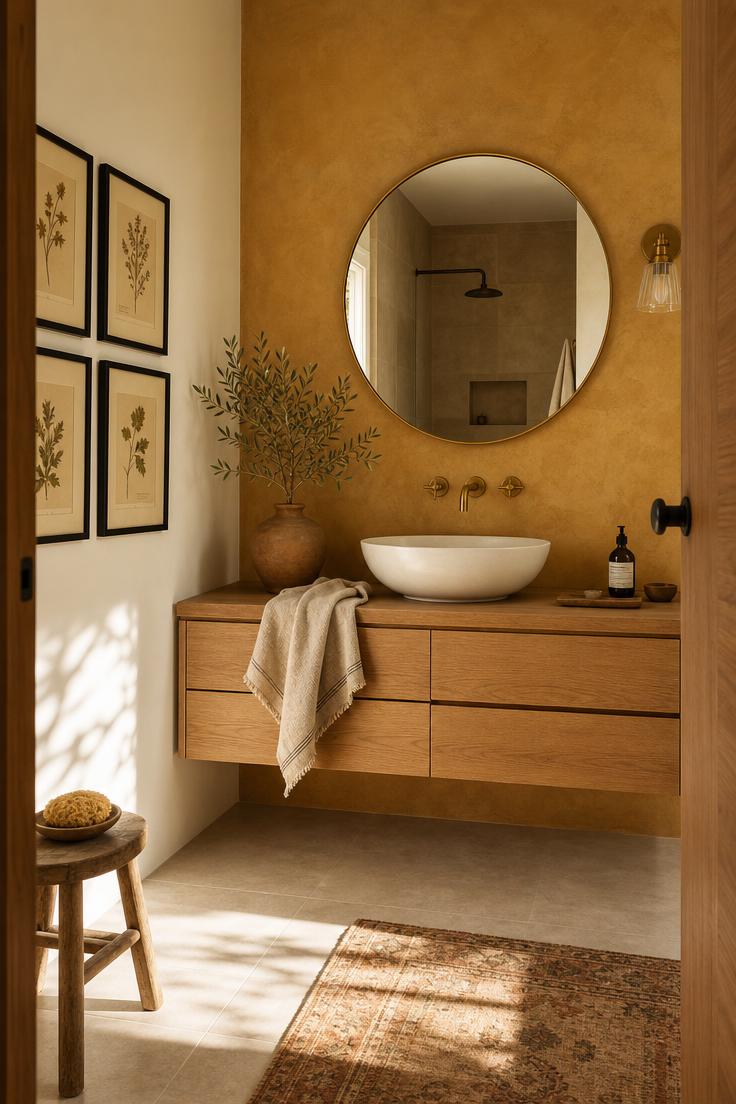 Modern bathroom with warm ochre limewash wall, floating oak vanity, botanical prints and brass accents in warm morning light