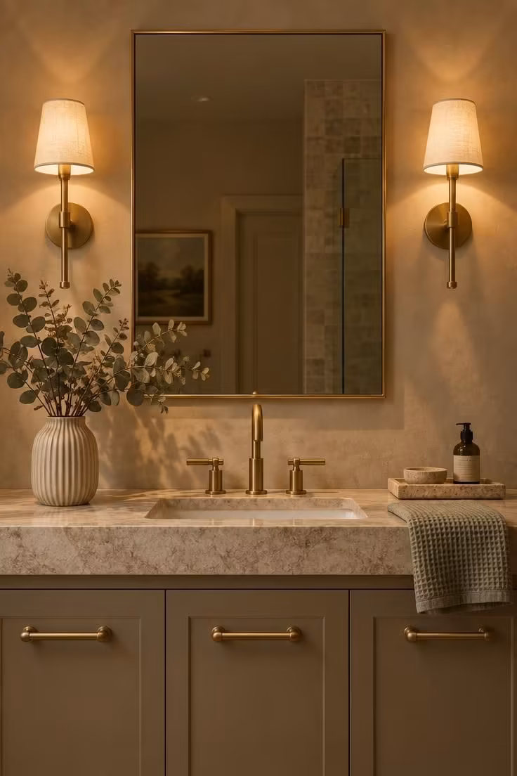 7 Small Mistakes That Makes a Bathroom with Gold Accents Look Cheap Instead of Rich 1 Gold faucet, mirror frame, sconces, and cabinet pulls arranged together on one vanity wall to show how several matching gold elements can compete for attention.