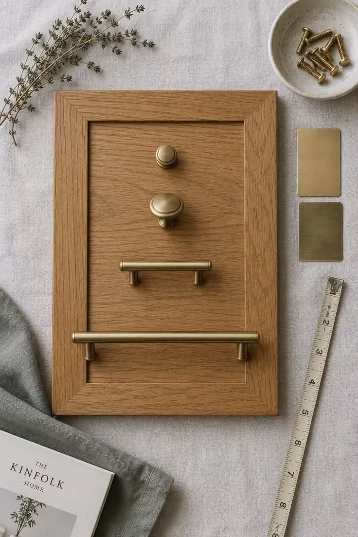 7 Small Mistakes That Makes a Bathroom with Gold Accents Look Cheap Instead of Rich 2 Several brass drawer pulls in different sizes laid across a wooden drawer front to compare hardware scale against cabinetry.