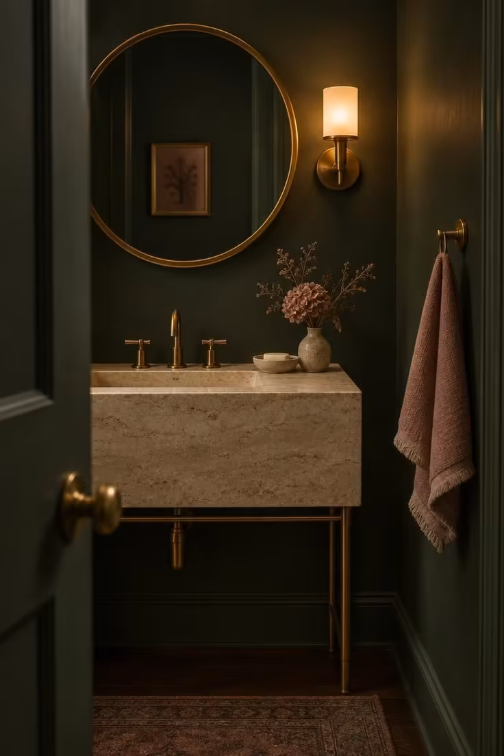 7 Small Mistakes That Makes a Bathroom with Gold Accents Look Cheap Instead of Rich 3 View through a doorway into a small powder room where a single brass mirror frame carries the gold accent against deep green walls.