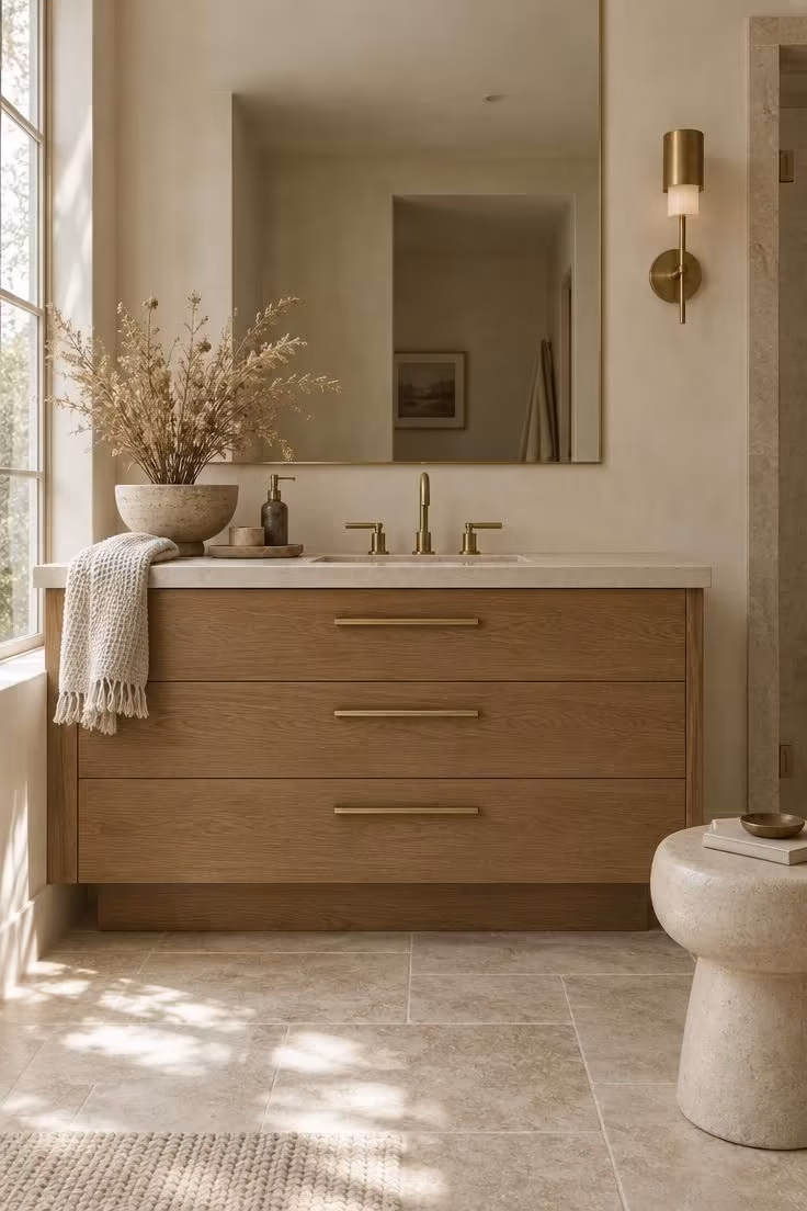 7 Small Mistakes That Makes a Bathroom with Gold Accents Look Cheap Instead of Rich 4 Restrained bathroom scheme with gold limited to a faucet, cabinet pulls, a mirror edge, and one sconce against a warm neutral palette.