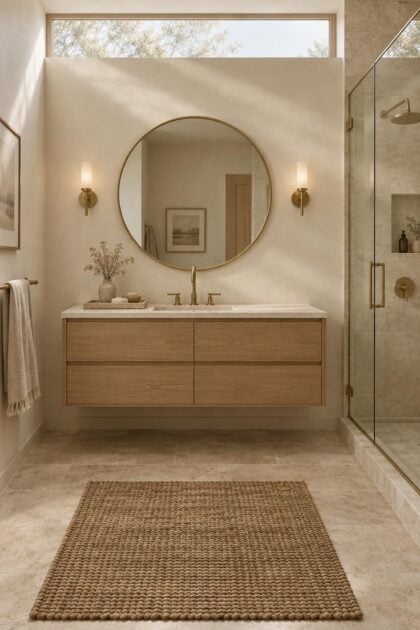 7 Small Mistakes That Makes a Bathroom with Gold Accents Look Cheap Instead of Rich Complete bathroom with gold accents showing balanced placement of a brass faucet, mirror frame, sconces, and shower trim against a warm neutral material palette.