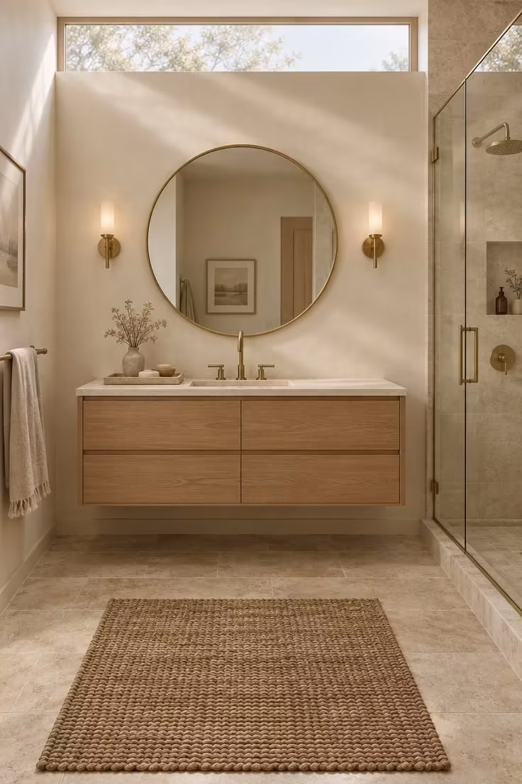 Simple Spaces 16 Complete bathroom with gold accents showing balanced placement of a brass faucet, mirror frame, sconces, and shower trim against a warm neutral material palette.