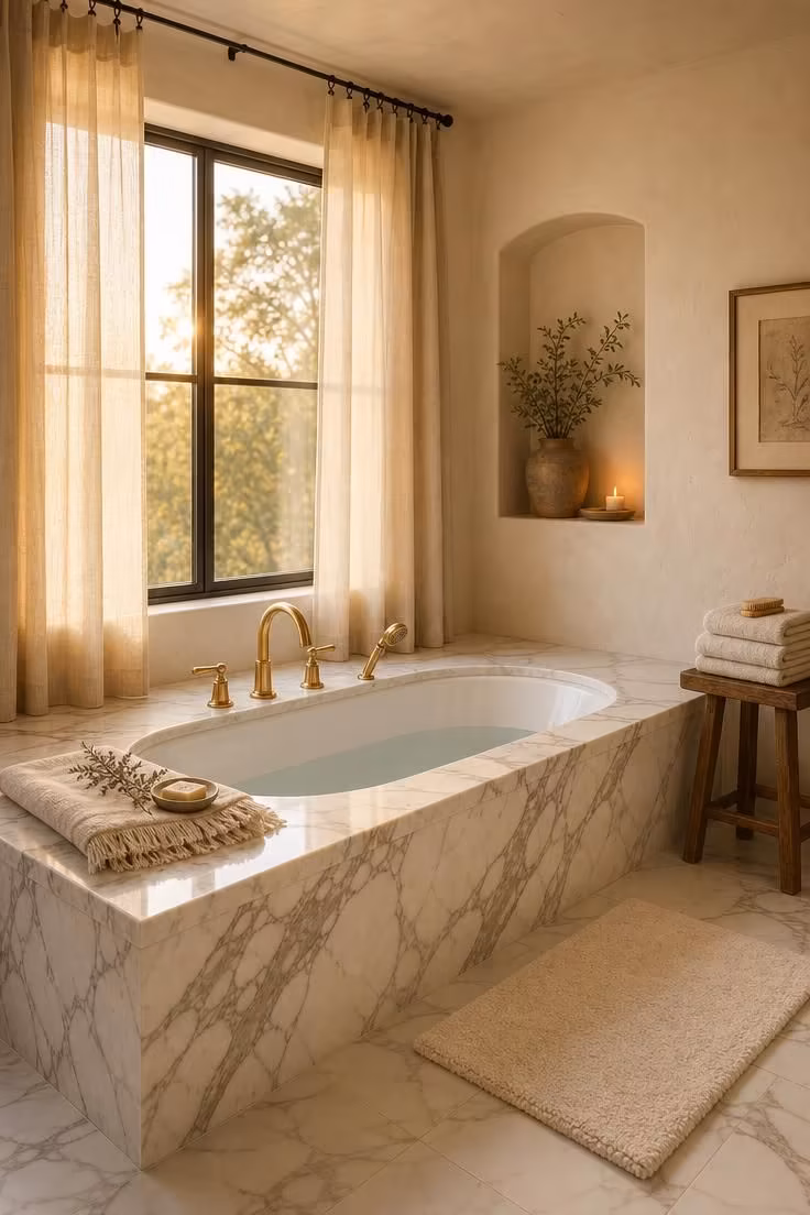 11 Dreamy Bathroom With Jacuzzi Tub Ideas for Any Home 1 Drop-in jacuzzi tub set in a Calacatta marble surround with brass deck faucets and afternoon light streaming through sheer curtains