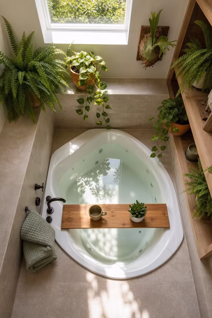 11 Dreamy Bathroom With Jacuzzi Tub Ideas for Any Home 2 Overhead view of a corner jacuzzi tub beneath a skylight surrounded by fern-filled open wood shelving