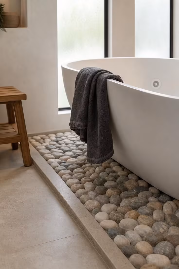 11 Dreamy Bathroom With Jacuzzi Tub Ideas for Any Home 3 Close-up of polished river rocks surrounding the base of a white freestanding jetted tub with soft diffused light