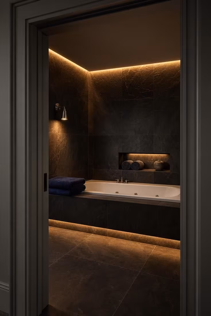 11 Dreamy Bathroom With Jacuzzi Tub Ideas for Any Home 4 Wide doorway view of a dark slate-wrapped alcove jacuzzi tub with recessed amber LED strip lighting