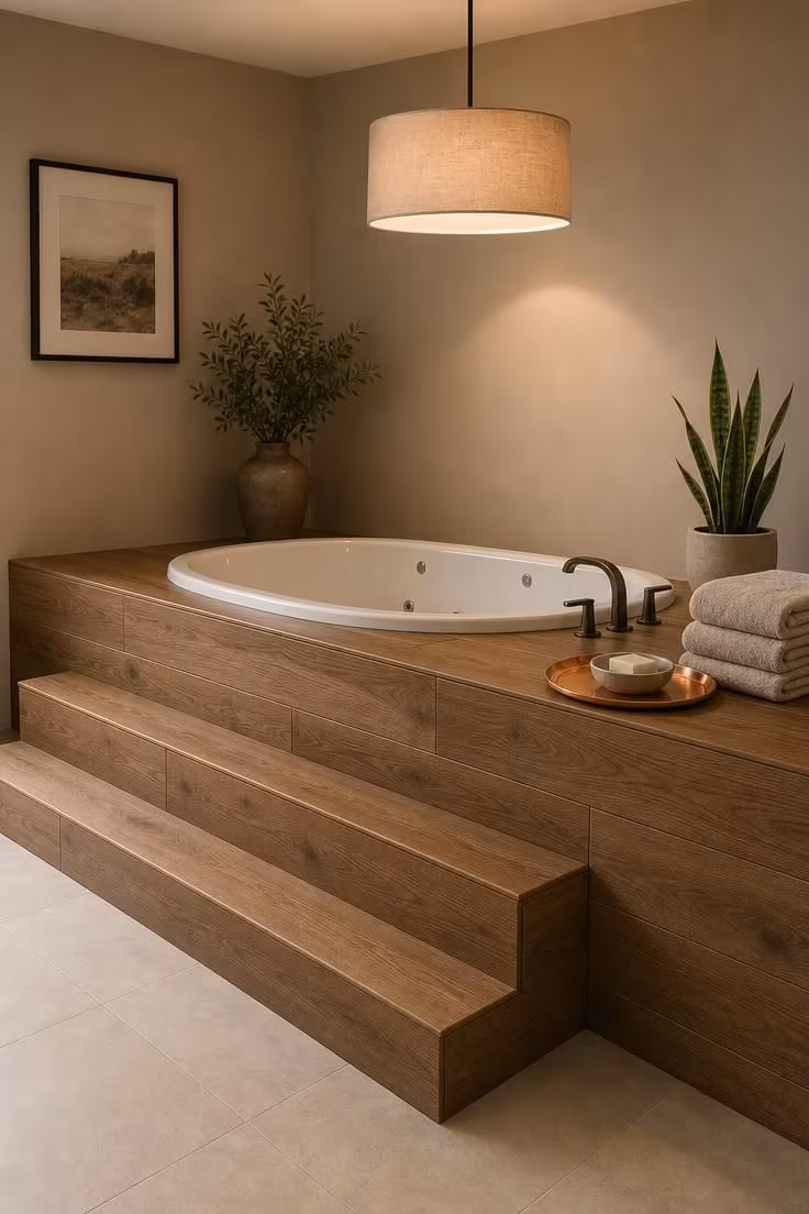 11 Dreamy Bathroom With Jacuzzi Tub Ideas for Any Home 5 Side view of a raised wood-look porcelain tub deck with step-up landing and warm pendant lighting above a drop-in jacuzzi tub