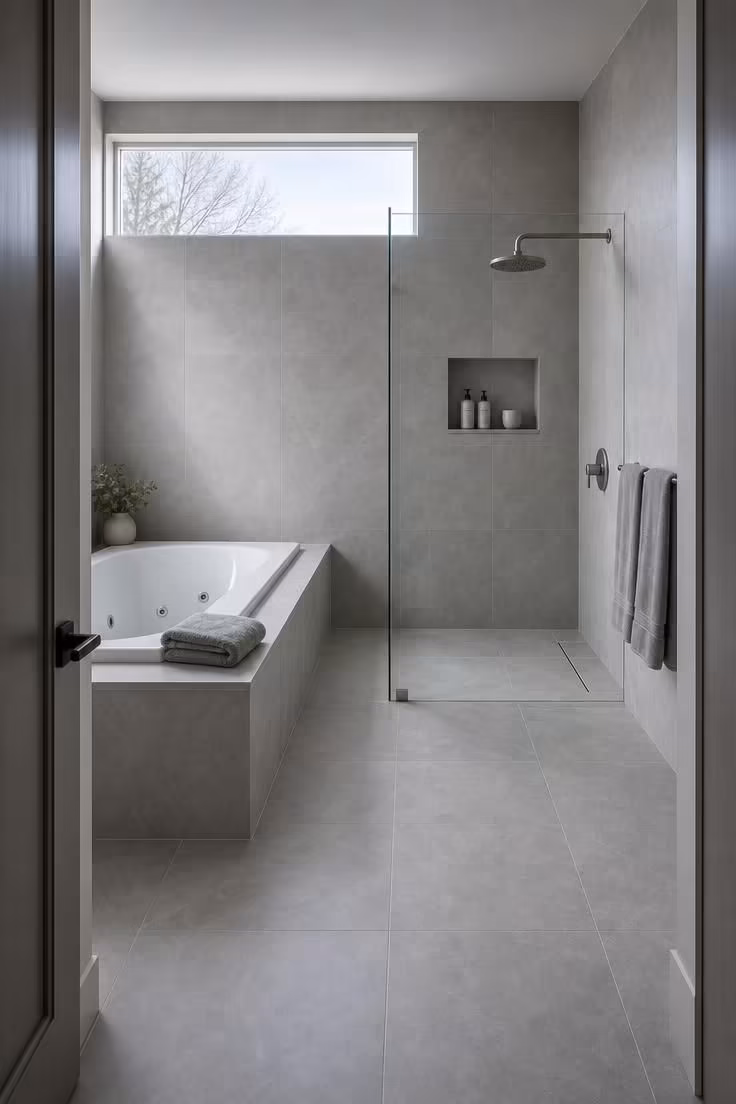 11 Dreamy Bathroom With Jacuzzi Tub Ideas for Any Home 6 Threshold view of a wet zone with a jacuzzi tub and frameless glass walk-in shower sharing a continuous grey tile floor