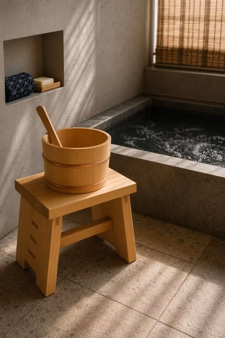 11 Dreamy Bathroom With Jacuzzi Tub Ideas for Any Home 7 Close-up of hinoki wood bathing stool and bucket beside a deep Japanese-style jetted tub with soft diffused light