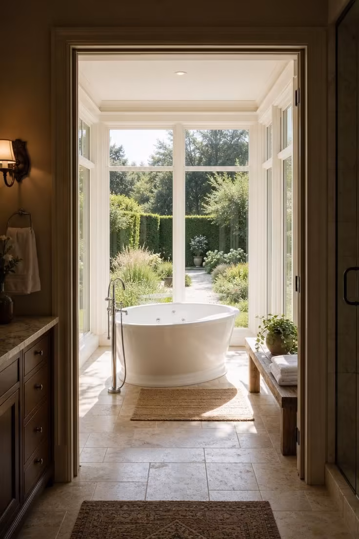 11 Dreamy Bathroom With Jacuzzi Tub Ideas for Any Home 8 Wide shot of a white freestanding jacuzzi tub in a sunroom bump-out with floor-to-ceiling windows and a garden view