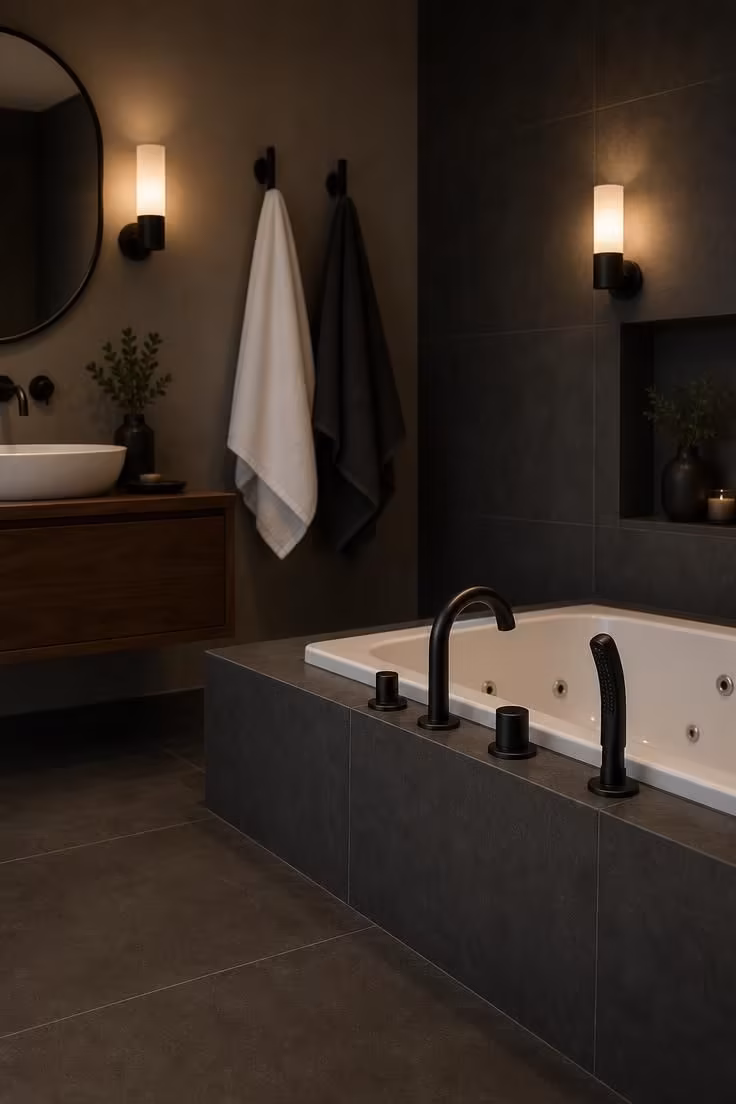 11 Dreamy Bathroom With Jacuzzi Tub Ideas for Any Home 9 Eye-level view of matte black fixtures on a charcoal tile jacuzzi tub surround with wall sconce lighting