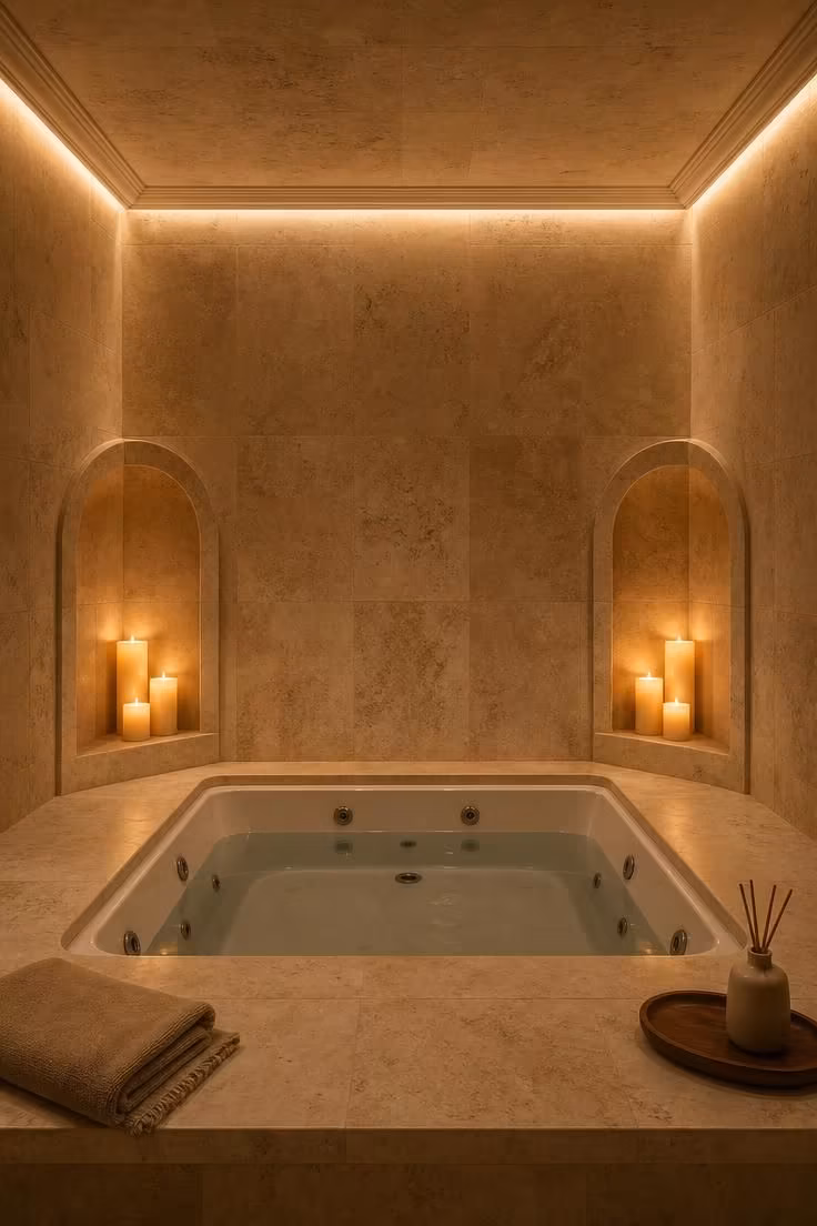 11 Dreamy Bathroom With Jacuzzi Tub Ideas for Any Home 10 Overhead view of a jacuzzi tub in a travertine niche with arched candle alcoves on both sides