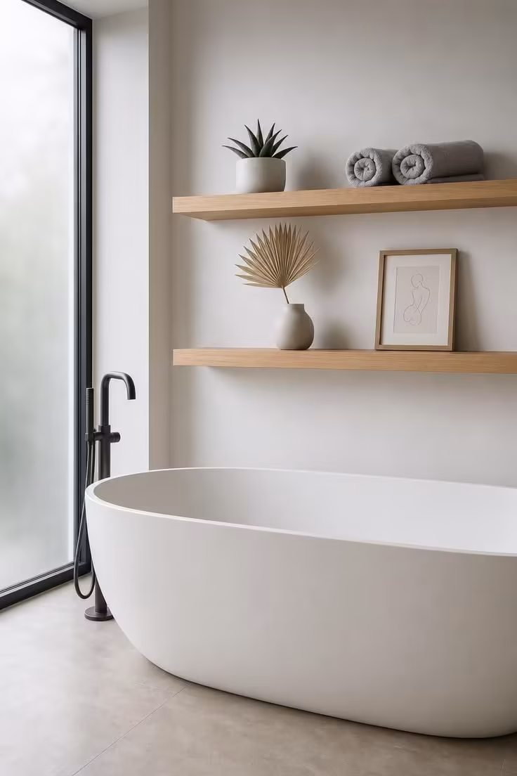 11 Dreamy Bathroom With Jacuzzi Tub Ideas for Any Home 11 Close-up of floating oak shelves with succulents and towels above a minimalist white freestanding jacuzzi tub