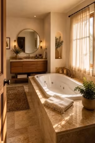 Warm elevated view of a bathroom with a jacuzzi tub in a honey-toned stone surround with soft afternoon light and sheer curtains
