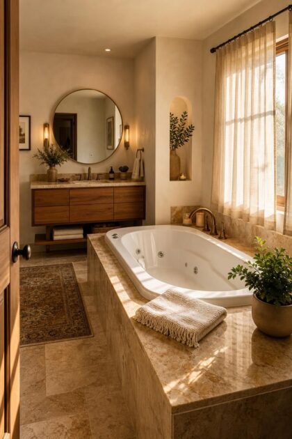 11 Dreamy Bathroom With Jacuzzi Tub Ideas for Any Home Warm elevated view of a bathroom with a jacuzzi tub in a honey-toned stone surround with soft afternoon light and sheer curtains