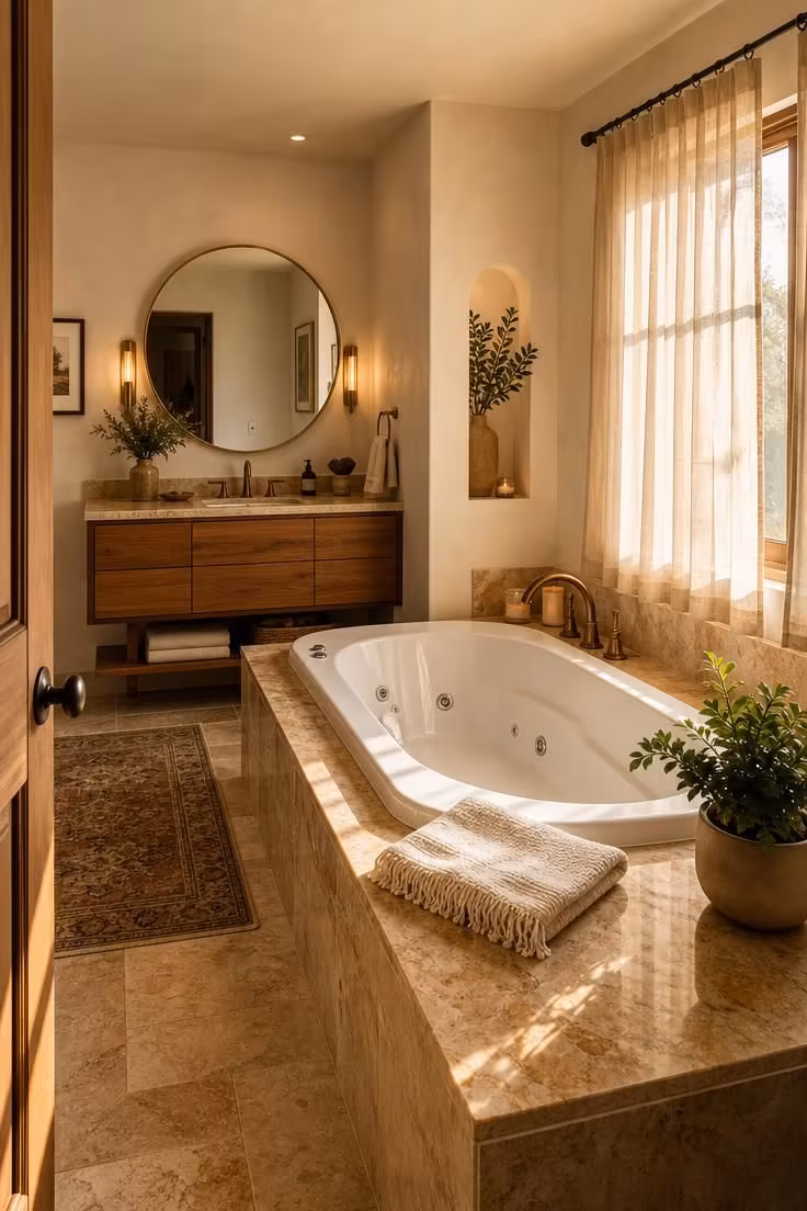 Warm elevated view of a bathroom with a jacuzzi tub in a honey-toned stone surround with soft afternoon light and sheer curtains