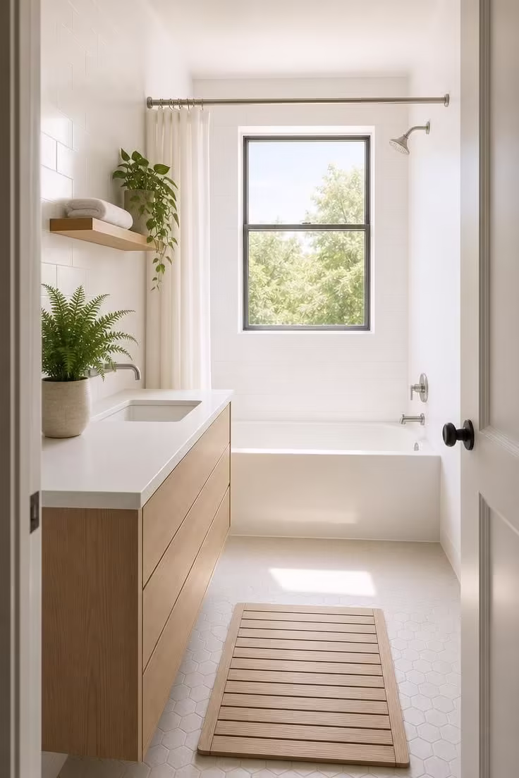 7 Mistakes That Make a Bathroom With Plants Look Messy Instead of Calm 2 Bright midday view from a bathroom doorway showing a single fern on a clean vanity counter with open shelf space above