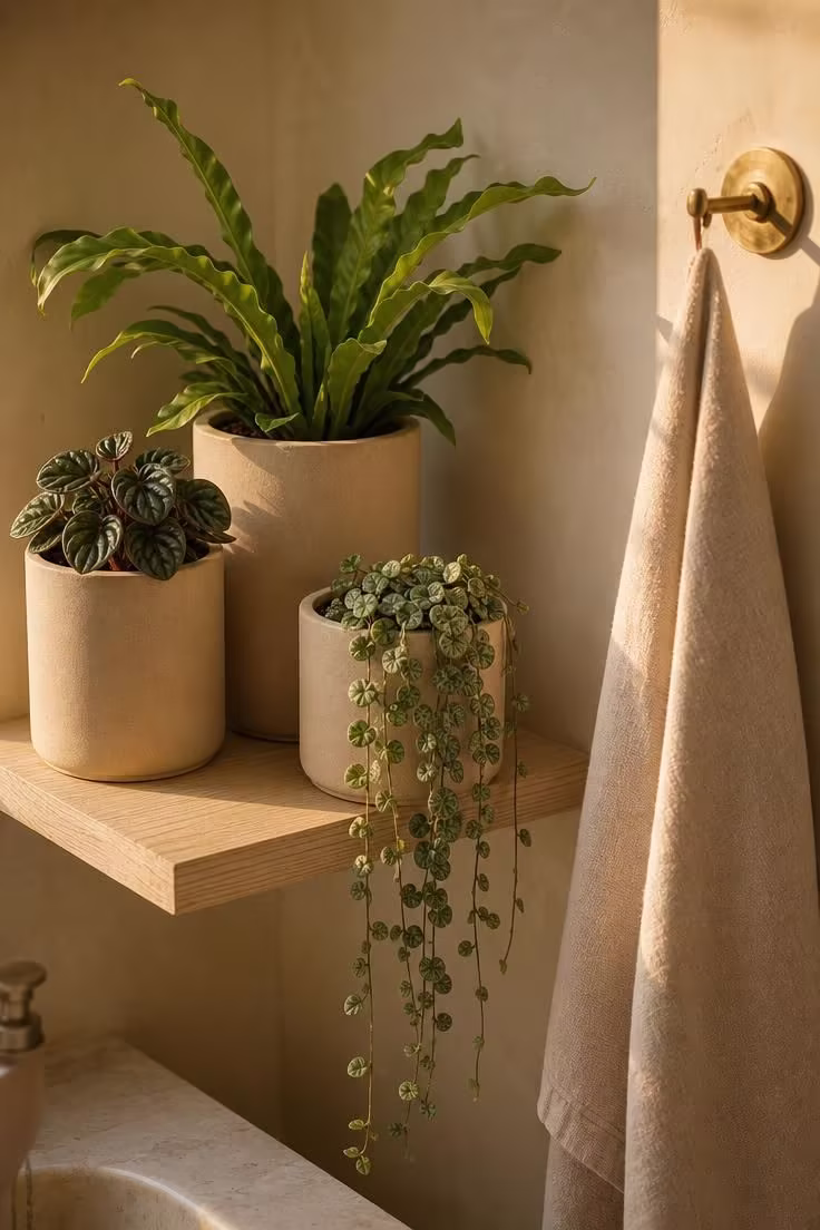 7 Mistakes That Make a Bathroom With Plants Look Messy Instead of Calm 3 Three matching sand-colored ceramic pots with different small plants arranged on a floating ash wood shelf in warm afternoon light