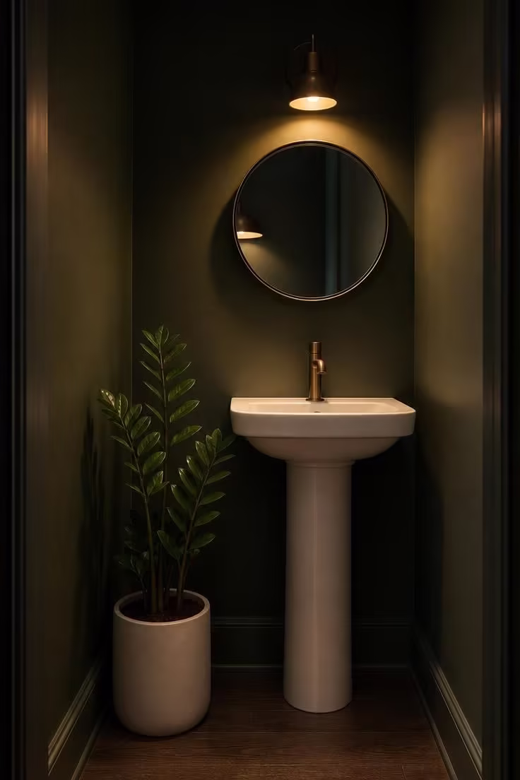 7 Mistakes That Make a Bathroom With Plants Look Messy Instead of Calm 4 A medium ZZ plant in a dove ceramic pot beside a pedestal sink in a small moody powder room with forest green walls
