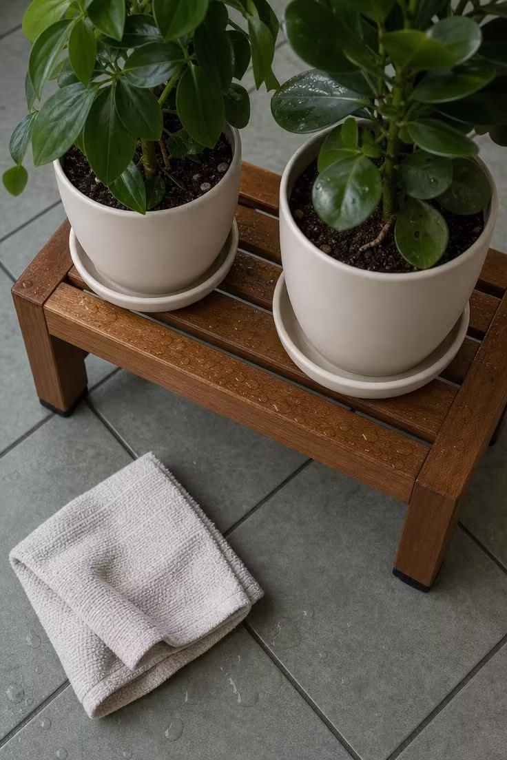 7 Mistakes That Make a Bathroom With Plants Look Messy Instead of Calm 5 Overhead view of a teak plant stand with two ivory potted plants and drainage saucers on sage tile flooring in cool overcast light