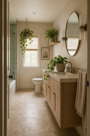 Wide doorway view of a calm bathroom with three intentionally placed plants in coordinated ceramic pots, soft diffused light, and a clean counter