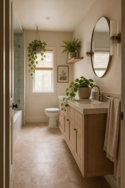 7 Mistakes That Make a Bathroom With Plants Look Messy Instead of Calm Wide doorway view of a calm bathroom with three intentionally placed plants in coordinated ceramic pots, soft diffused light, and a clean counter
