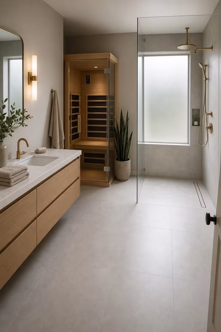 This Bathroom With Sauna Layout Makes a Small Home Feel Like a Spa Retreat 1 Modern primary bathroom with a compact glass-enclosed infrared sauna cabin in the corner beside a curbless shower, floating oak vanity, and pale gray porcelain floor tiles under cool overcast light.