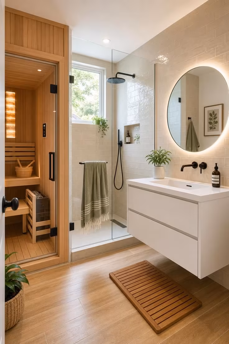 This Bathroom With Sauna Layout Makes a Small Home Feel Like a Spa Retreat 2 Small bathroom with a compact cedar sauna cabin in the corner, frameless glass shower, wall-mounted vanity with round mirror, and warm beige tile under bright midday light.