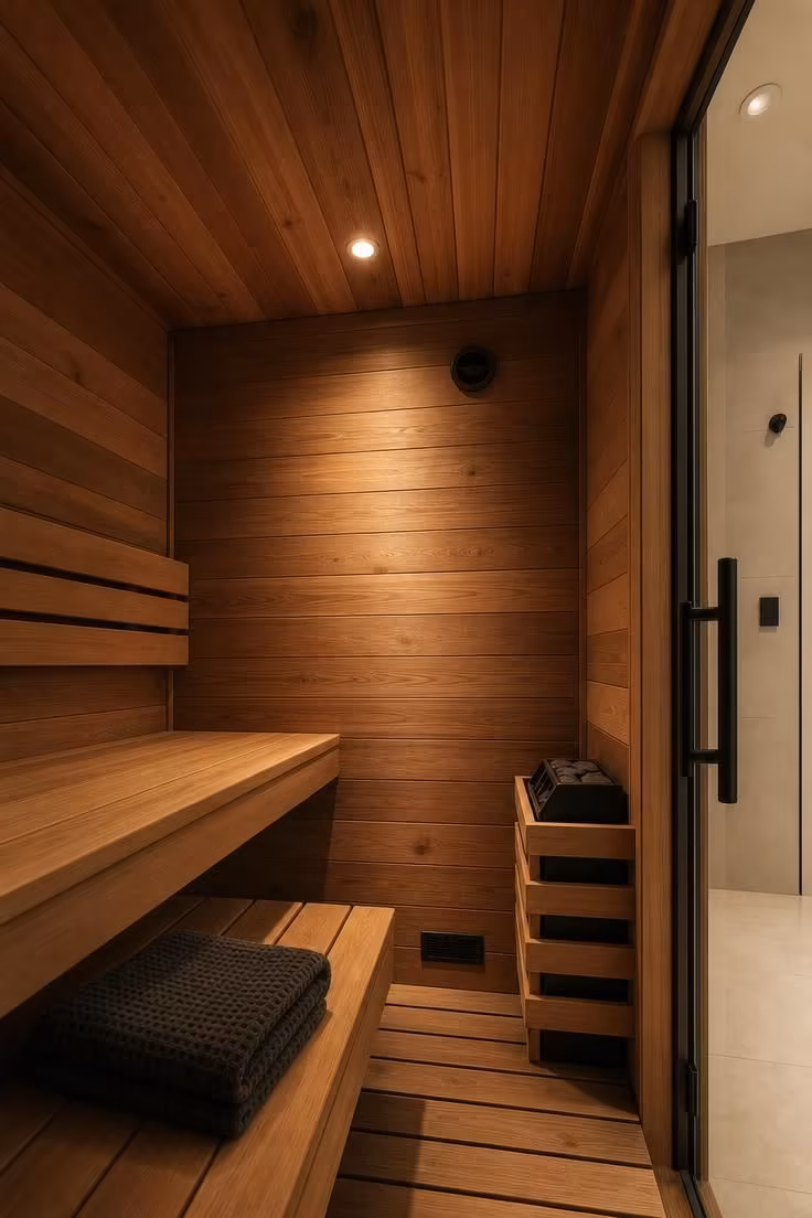 This Bathroom With Sauna Layout Makes a Small Home Feel Like a Spa Retreat 3 Close-up of a compact sauna cabin interior showing cedar plank ceiling, circular exhaust vent, floor-level intake vent beside the heater, recessed LED light, and a folded charcoal towel on the bench.