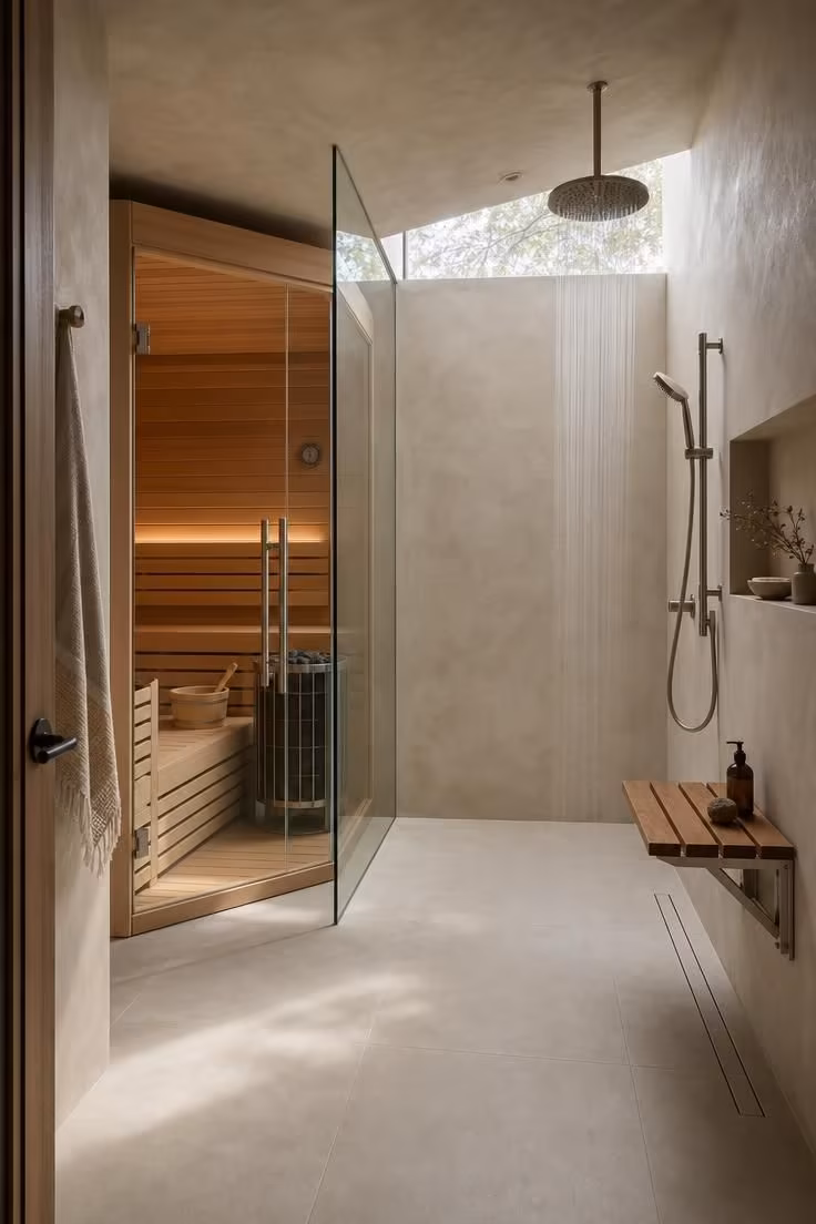 This Bathroom With Sauna Layout Makes a Small Home Feel Like a Spa Retreat 4 Wet room bathroom with glass-enclosed cedar sauna, open rainfall shower, floor-to-ceiling glass partition, continuous porcelain tile floor with linear drain, and soft diffused light from a clerestory window.