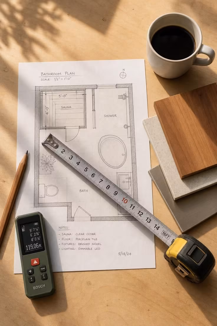 This Bathroom With Sauna Layout Makes a Small Home Feel Like a Spa Retreat 5 Overhead view of a bathroom floor plan sketch on a birch plywood surface with a steel measuring tape, carpenter's pencil, laser distance measurer, material samples, and warm afternoon light.