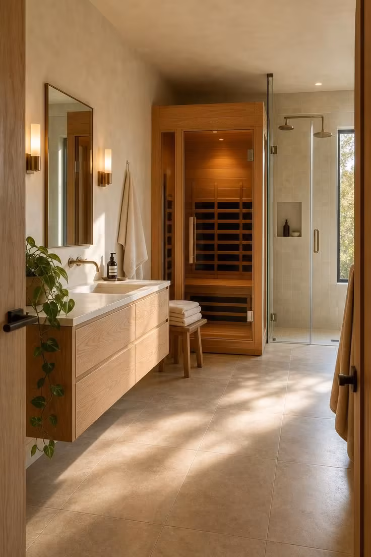 Completed primary bathroom with sauna layout showing a glass-and-cedar infrared sauna cabin, frameless walk-in shower, floating white oak vanity, limewash plaster walls, and warm late-afternoon light creating a private retreat atmosphere.