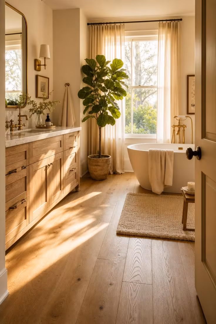 A Bathroom With Wooden Floor Is the Quiet Luxury Detail That Changes a Home's Entire Feel 1 Sunlit bathroom with wide honey-toned oak plank flooring, a freestanding oval tub near a window with sheer linen curtains, and a natural wood vanity with brass fixtures.