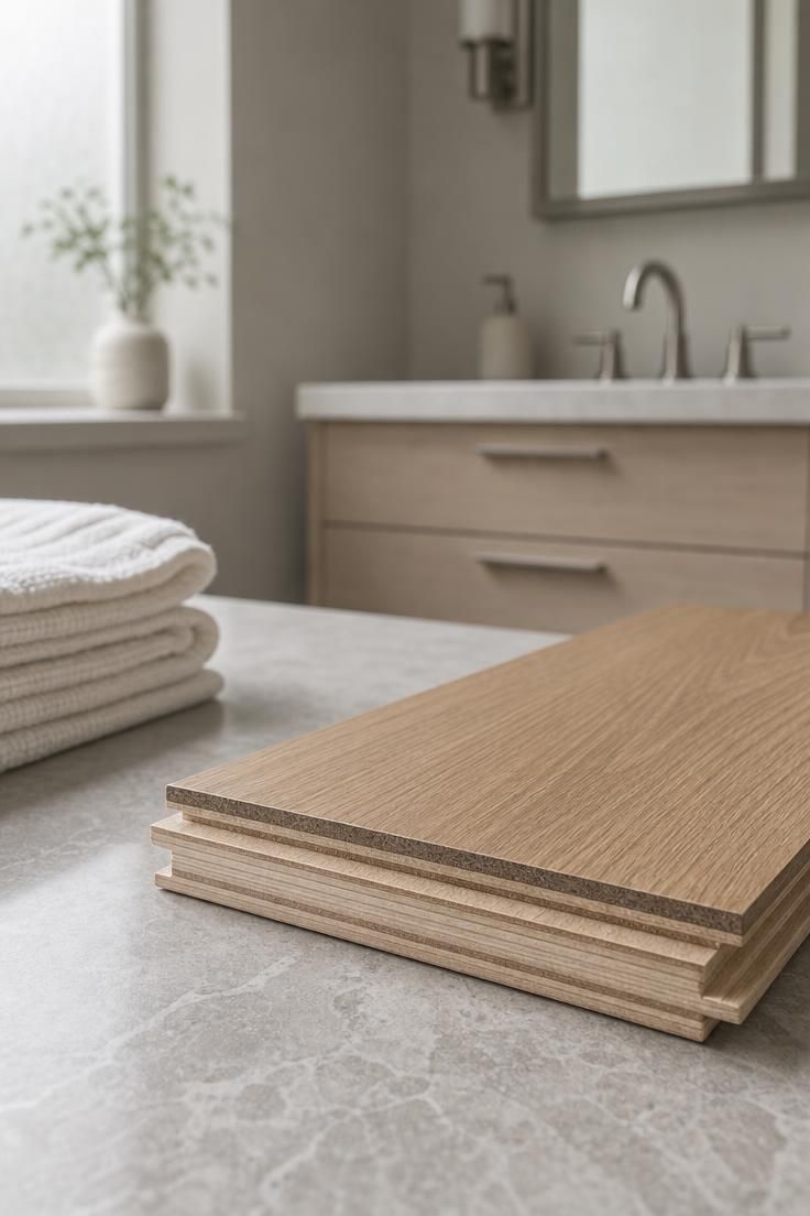 A Bathroom With Wooden Floor Is the Quiet Luxury Detail That Changes a Home's Entire Feel 2 Close-up overhead view of engineered hardwood plank layers on a stone countertop in a bathroom with pale greige walls and a floating ash vanity.