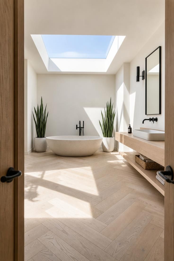 A Bathroom With Wooden Floor Is the Quiet Luxury Detail That Changes a Home's Entire Feel 3 Bright bathroom with white oak herringbone floor pattern, a freestanding stone tub under a skylight, and a floating white oak vanity shelf with matte black fixtures.