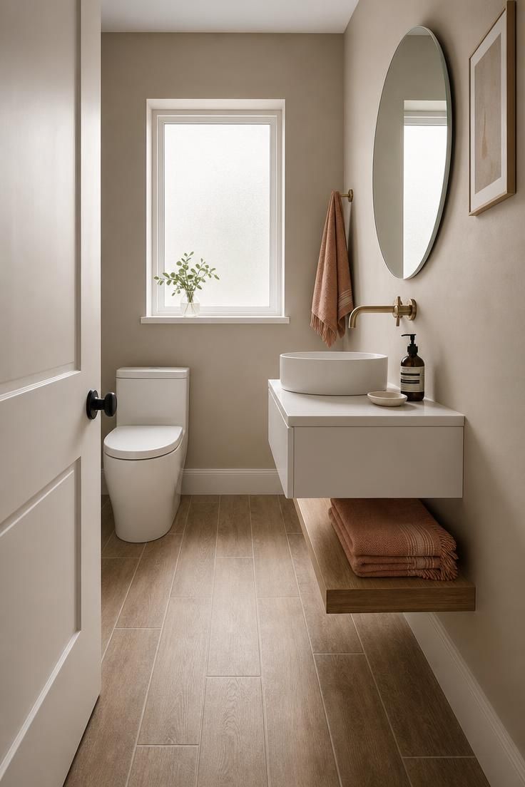 A Bathroom With Wooden Floor Is the Quiet Luxury Detail That Changes a Home's Entire Feel 4 Small guest bathroom with wood-look porcelain tile floor in a staggered plank pattern, a matte white wall-mounted vanity, and soft greige walls with diffused natural light.