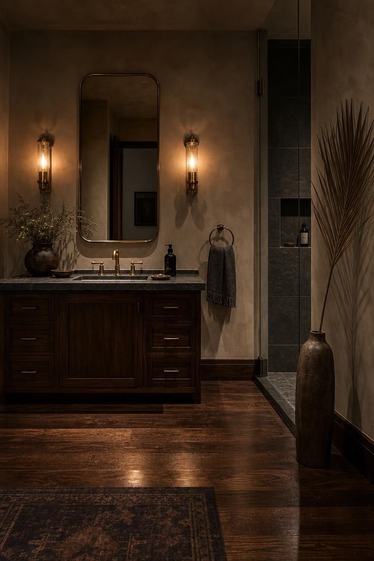 A Bathroom With Wooden Floor Is the Quiet Luxury Detail That Changes a Home's Entire Feel 5 Moody bathroom with dark walnut plank floor, walnut vanity with soapstone countertop, mushroom-toned plaster walls, and brass sconces casting warm amber light.